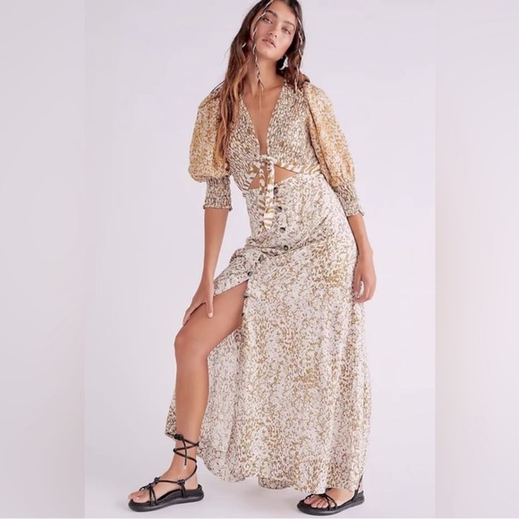 Free People Dresses & Skirts - Free People String of Hearts Maxi Dress XS EUC Smocked Tie Front Cutout Boho